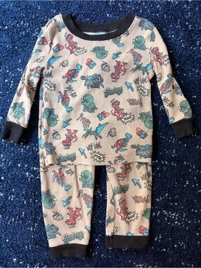 Kidgets Beige Dino Graphic Pajama Set with Black Trim